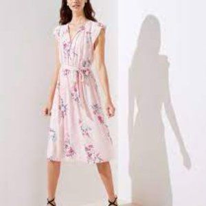 LOFT floral bouquet tie waist flutter midi dress pink Sz S